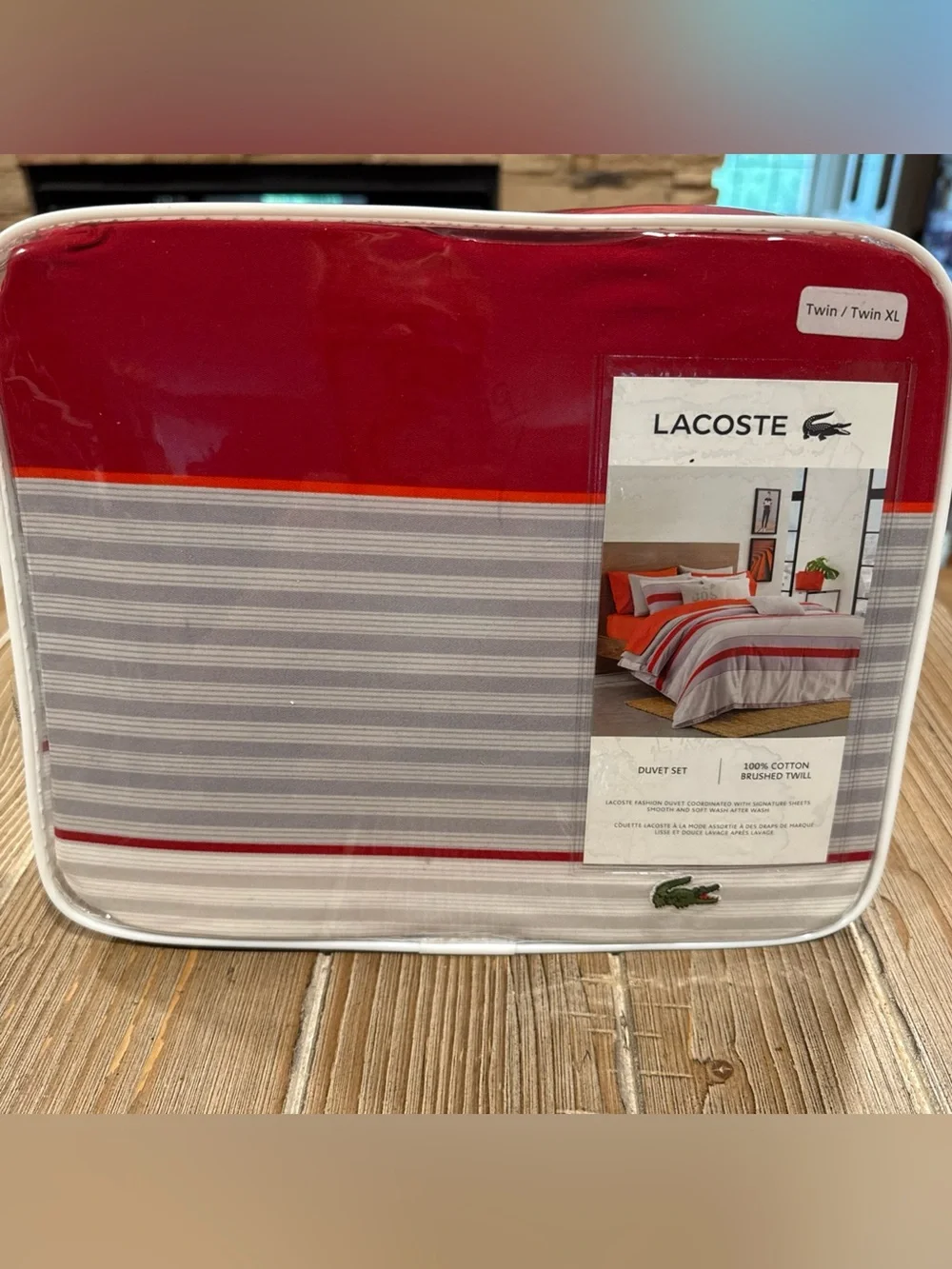 Lacoste Sirocco Twin XL Duvet Set Red Stripe Archival Collection Open Box
